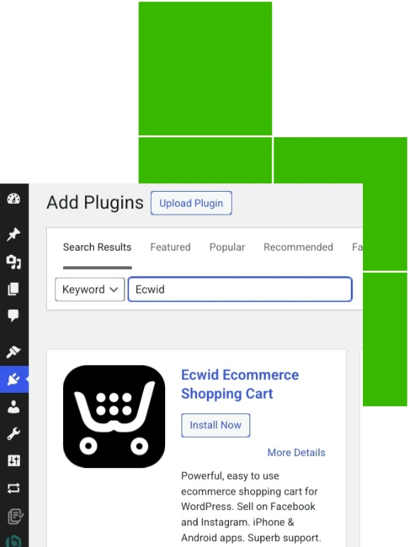 Ecwid ecommerce shopping cart wordpress plugin installation page