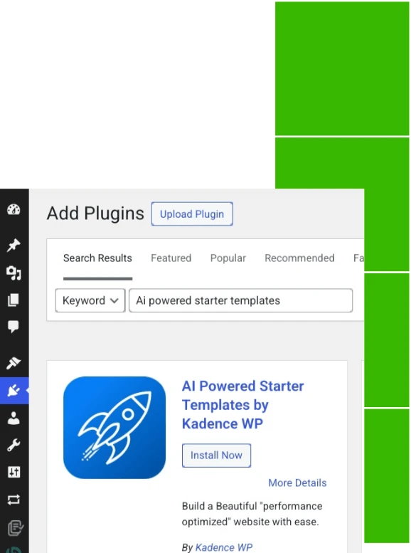 Kadence starter templates wordpress plugin installation page