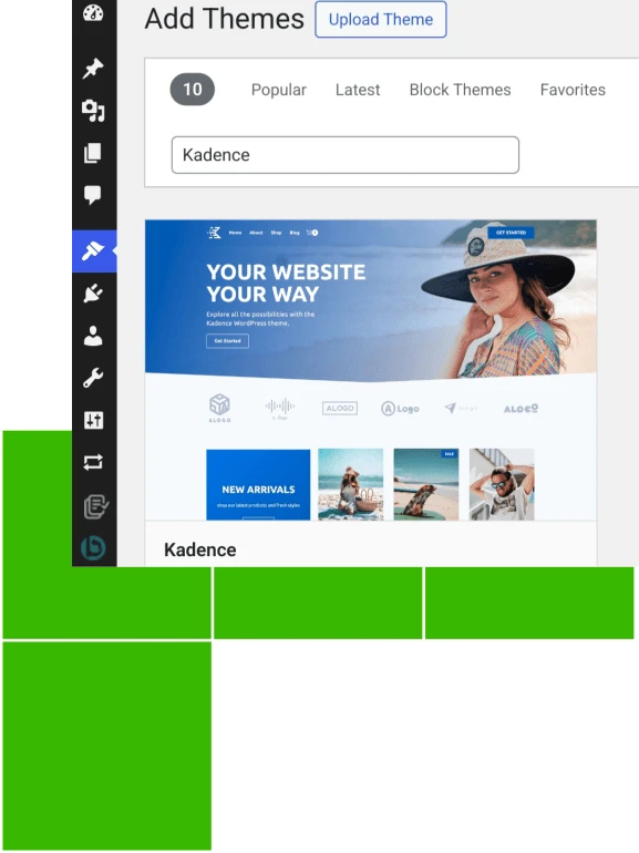 KadenceWP wordpress theme installation page