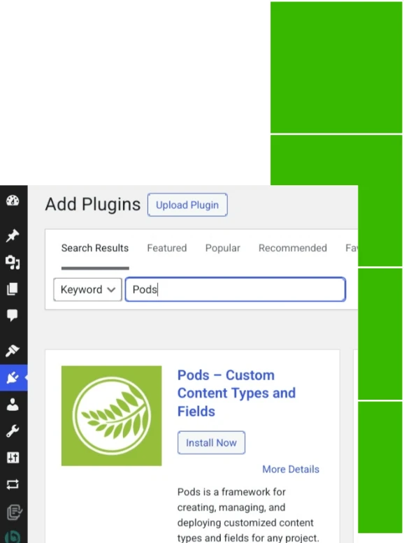 Pods wordpress plugin installation page